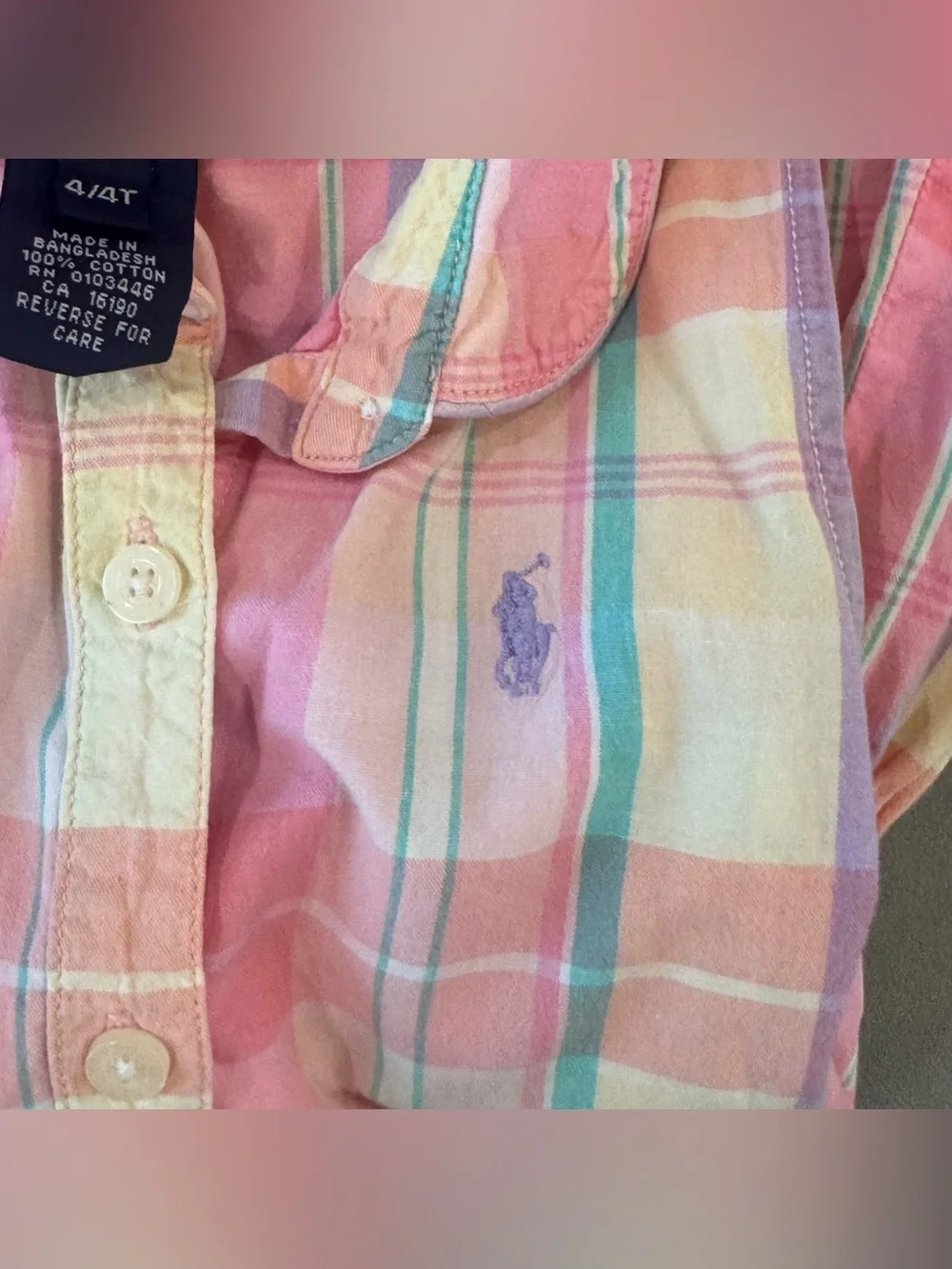 Ralph Lauren Girls 4T Madras Plaid Cotton Shirtdress Pastel Pony Tie Waist